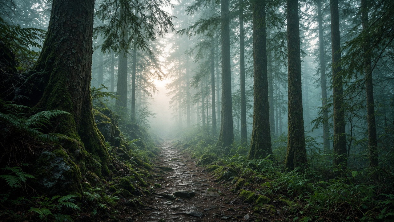 Misty cedar forest trail at dawn